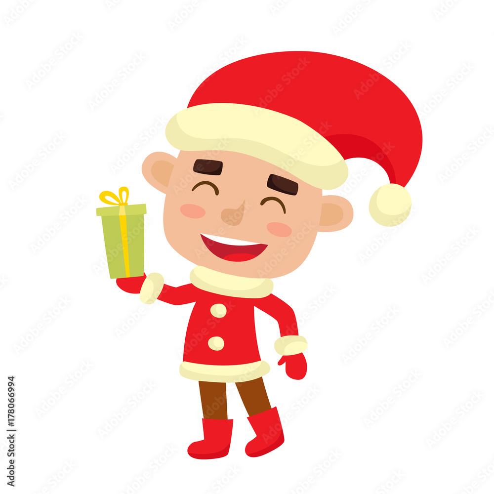Cute little Christmas boy elf smiling, vector illustration isolated on white used for magazine or book, poster and card, web pages