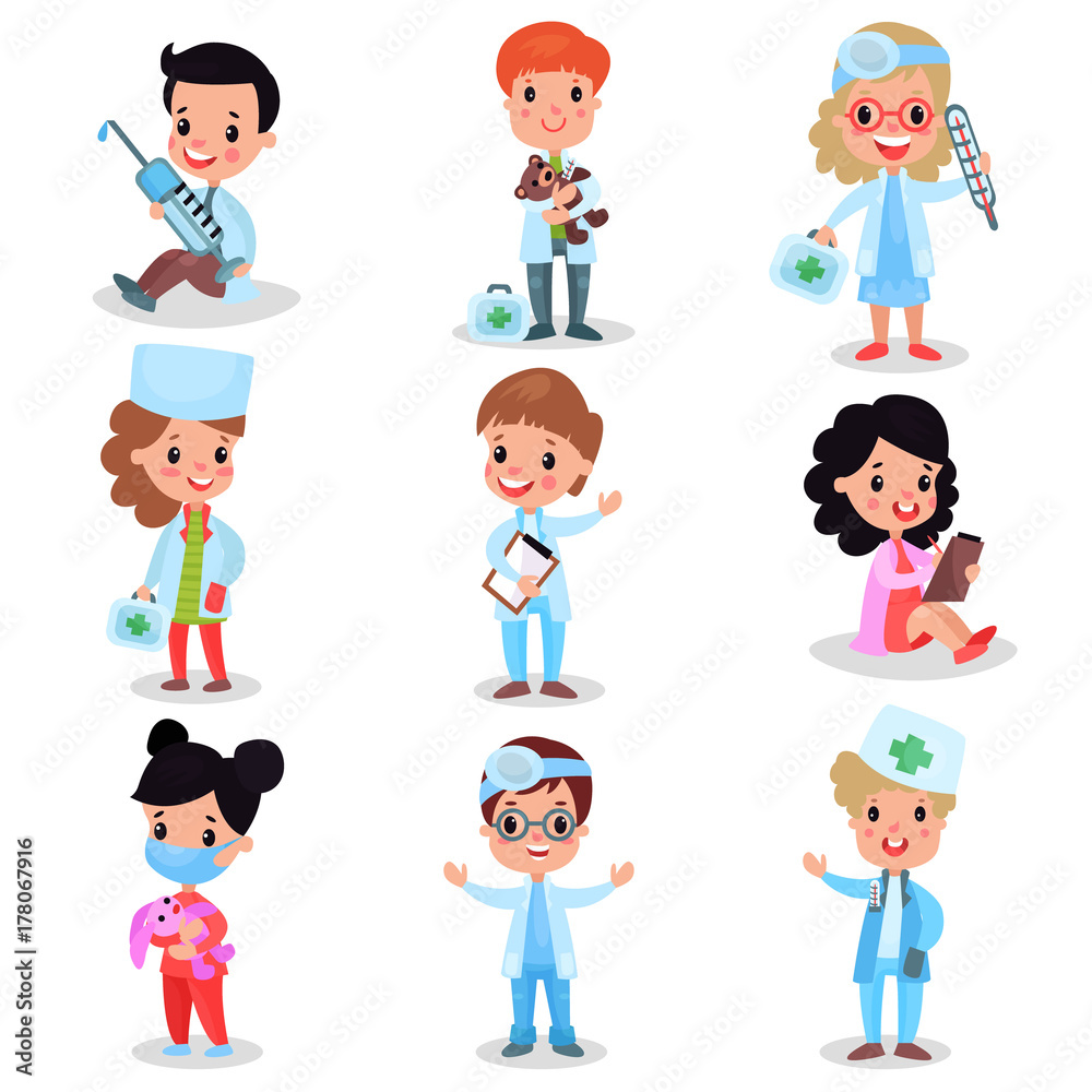 Little kids playing doctor set, cute boys and girls in professional clothing vector illustrations Little kids playing doctor set, cute boys and girls in professional clothing vector illustrations