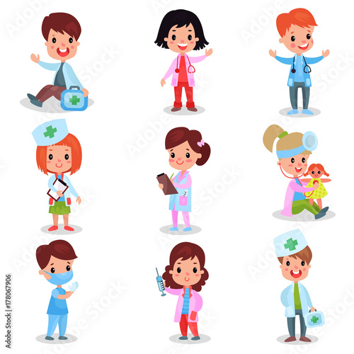 Cute little kids playing doctor set, boys and girls in professional clothing examining and treating their patients vector illustrations