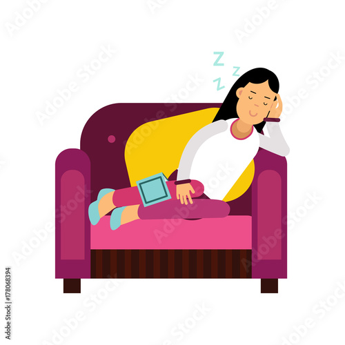 Beautiful brunette girl sleeping on armchair, relaxing person cartoon vector illustration