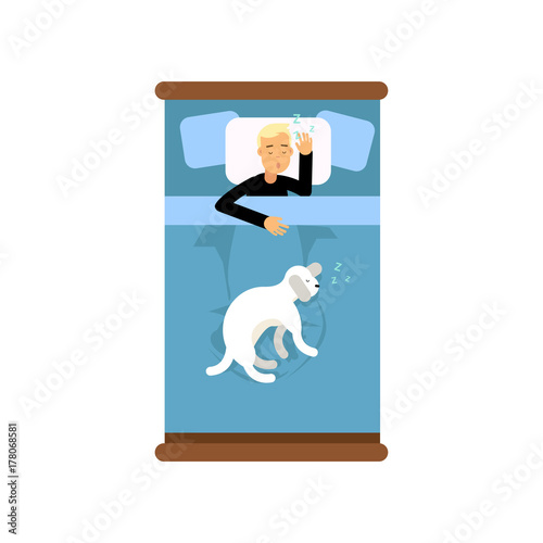Teen boy sleeping in the bed with his dog, view from above cartoon vector illustration