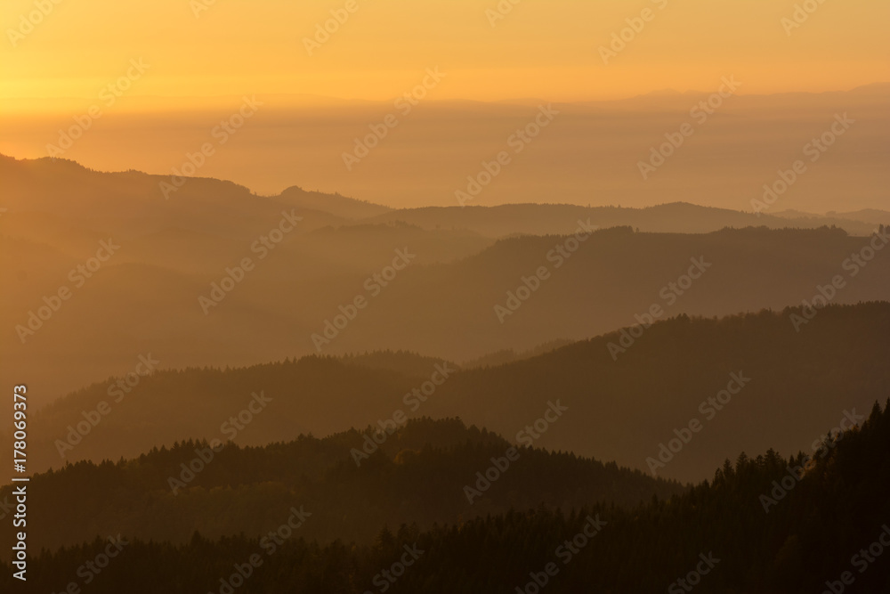 Autumn landscape - Black Forest. Panoramic view over the autumnal Black Forest, the Rhine valley and the Vosges (France) in the distance at sunset.