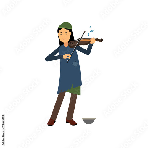 Homeless woman playing violin on the street, unemployment woman needing for help cartoon vector illustration