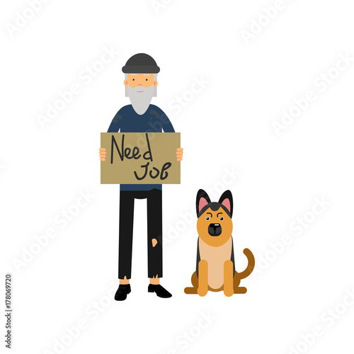 Homeless man with his dog needing for job cartoon vector illustration