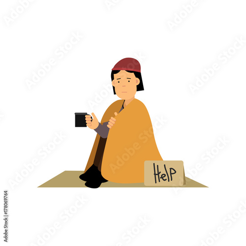 Homeless woman sitting on the street asking for help, unemployment woman needing for help cartoon vector illustration