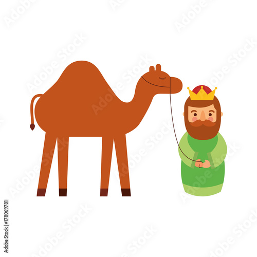 cartoon wise king with camel manger traditional