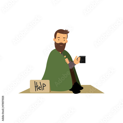 Homeless man sitting on street asking for help, unemployment man needing for help cartoon vector illustration