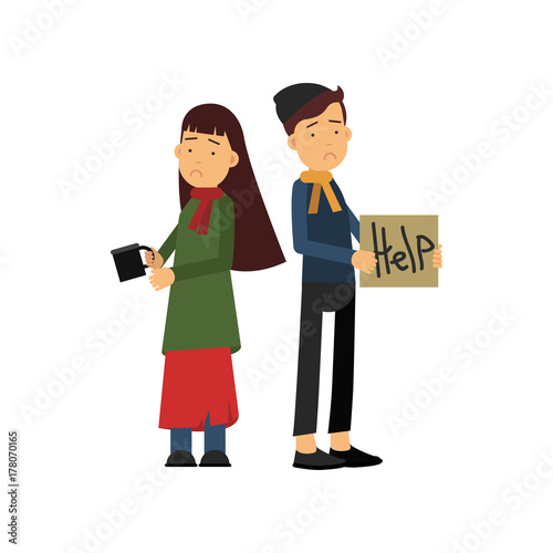 Homeless boy and girl asking for help on street, orphans needing hel cartoon vector illustration