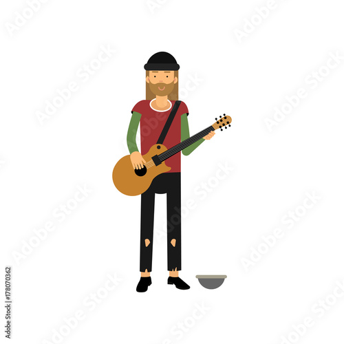 Homeless man playing guitar on the street, unemployment person needing for help cartoon vector illustration