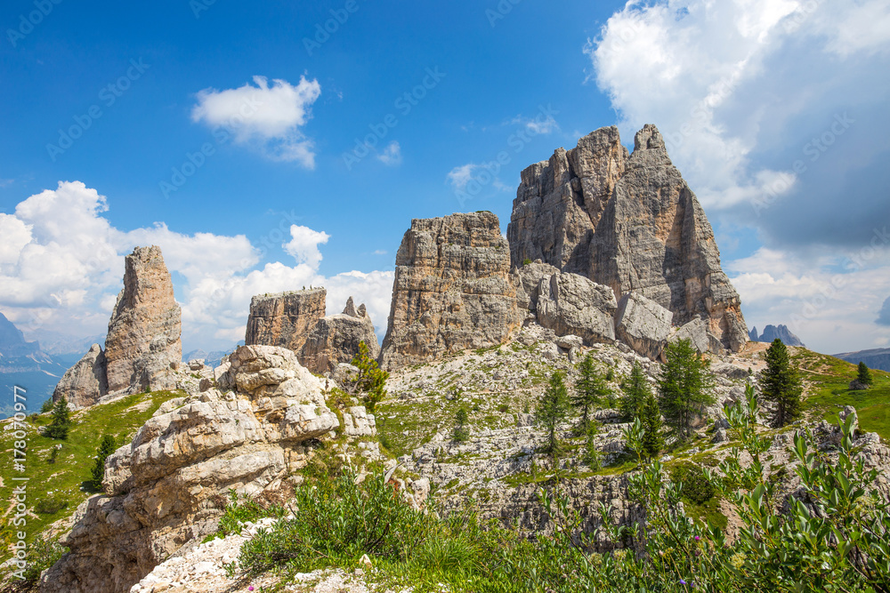 Five Towers Peaks, Nuvolau group, oriental Dolomites, near the famous winter and summer city place of Cortina d'Ampezzo, Veneto, Italy.