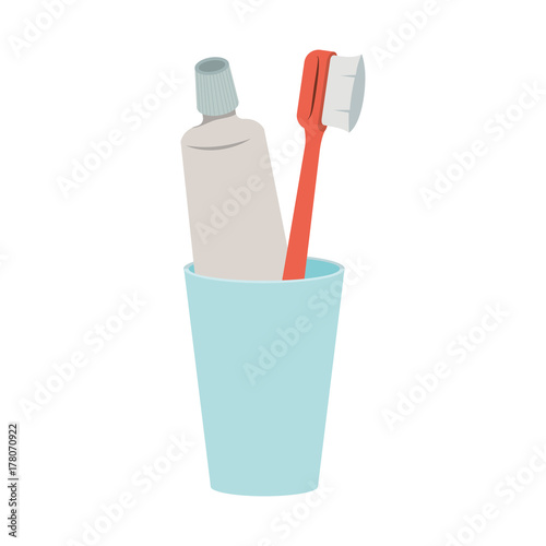 glass with toothpaste and toothbrush colorful silhouette
