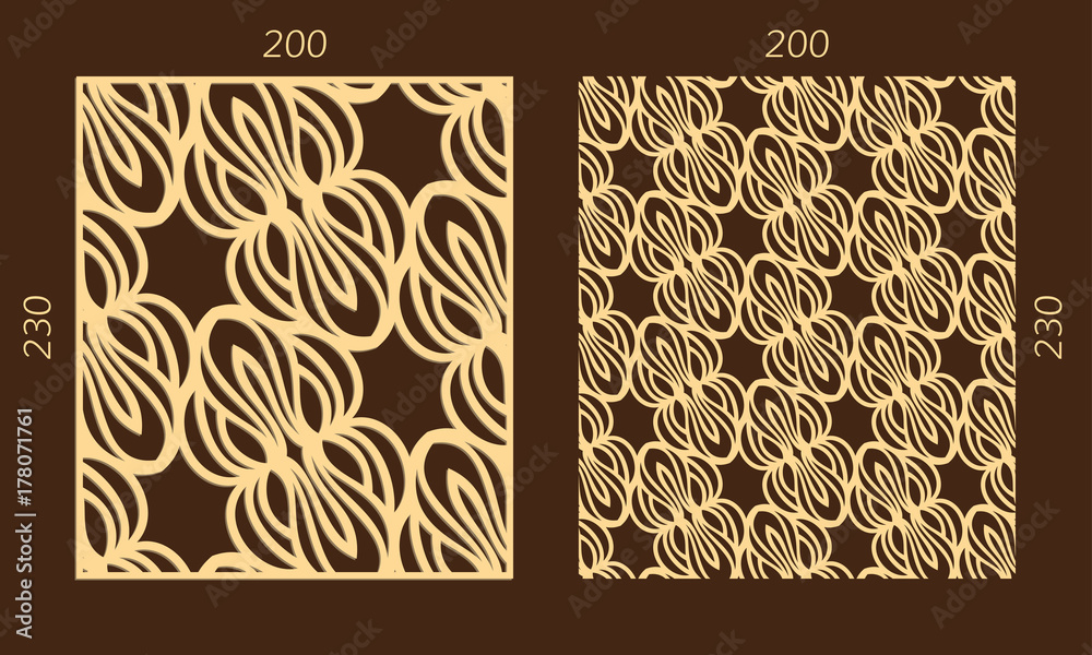 Obraz premium Laser cutting set. Woodcut vector trellis panel. Plywood lasercut eastern design. Hexagonal seamless pattern for printing, engraving, paper cutting. Stencil lattice ornament.