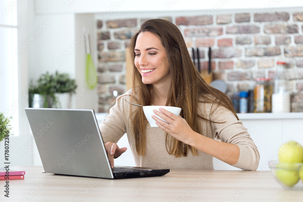 Beautiful young woman using her laptop in the kitchen. Beautiful young woman using her laptop in the kitchen.