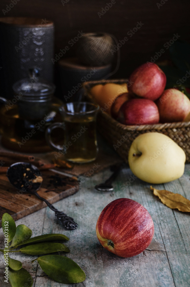 Apples on wood background