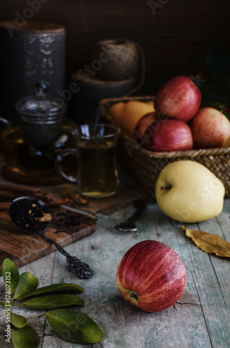 Apples on wood background