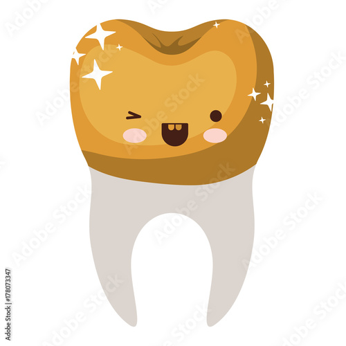 kawaii tooth with golden crown and root in colorful silhouette