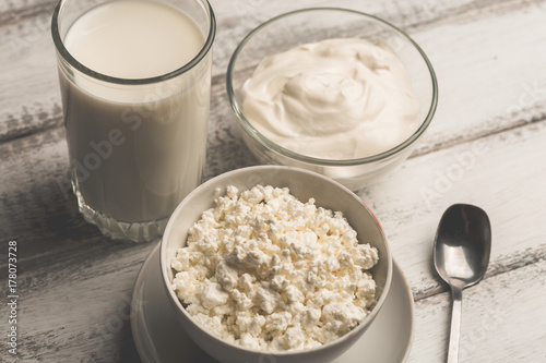 Dairy products on wooden rustic table