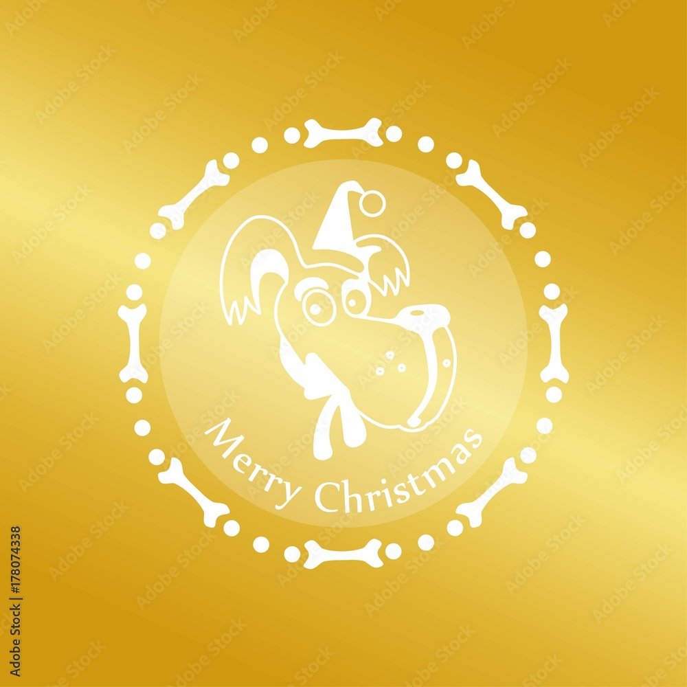 Obraz premium dog in santa claus hat on a gold background christmas tree emblem design