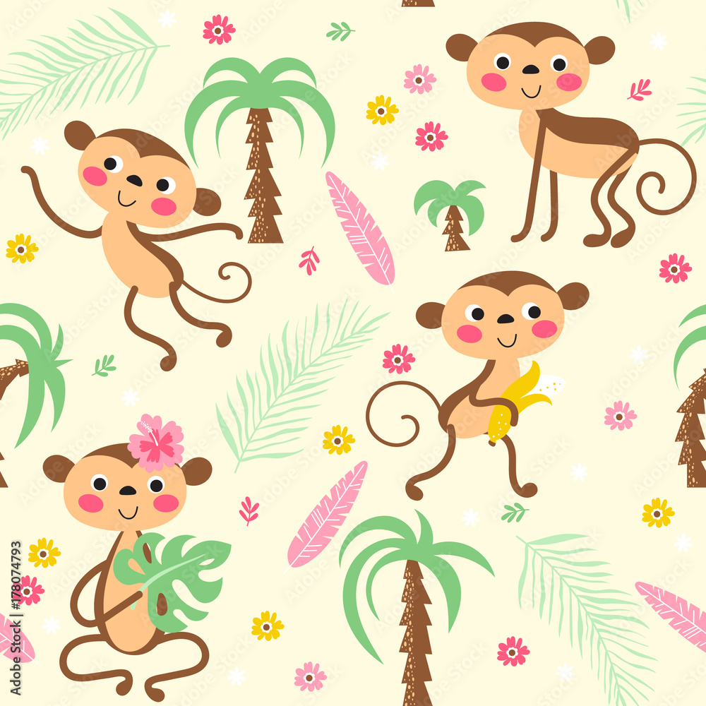 Naklejka premium Cute monkeys seamless pattern