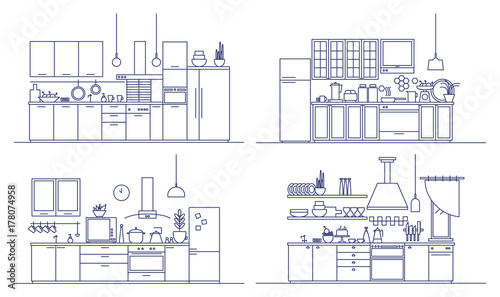 Set of kitchens furnished with modern furniture, household appliances, cooking facilities and home decorations. Bundle of comfy interiors drawn in line art style. Monochrome vector illustration.