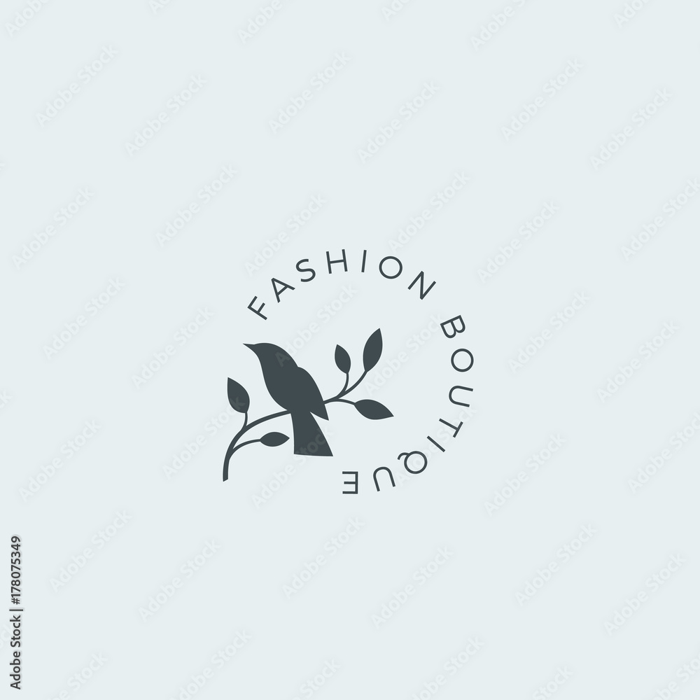 Obraz premium Fashion Boutique Abstract Vector Sign, Symbol or Logo Template. Bird on a Branch Silhouette with Modern Typography. Premium Quality Feminine Emblem. Good for Beauty Salon, SPA, Wedding Boutiques, etc.