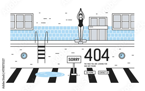 Cartoon woman dressed in swimsuit standing at edge of empty pool and trying to jump into it. Girl in swimming suit ready to dive. Concept of website maintenance or error 404. Vector illustration.
