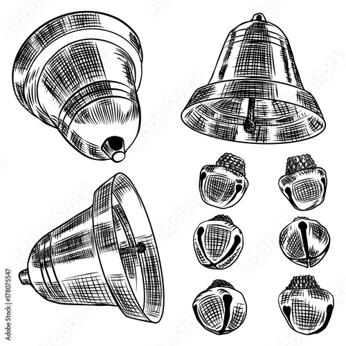 Set of Jingle bells hand drawn Christmas and New Year design element for seasonal posters and greeting cards. Vector.