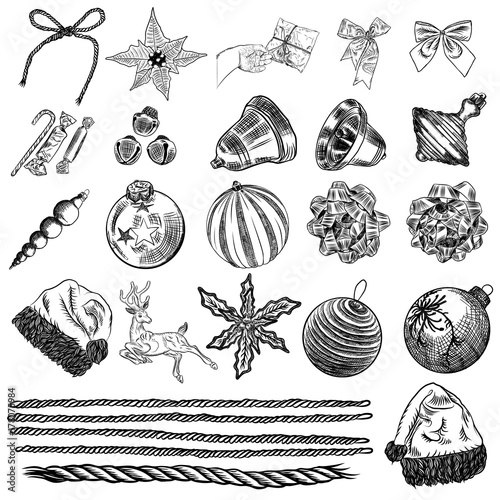Set of  Christmas hand drawn icons. Xmas engraved objects isolated over white background.  New Year objects, symbols, elements for DIY designs. Vector.