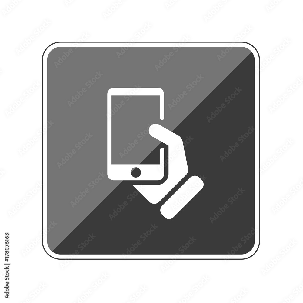 Hand hält Handy - Reflektierender App Button Hand hält Handy - Reflektierender App Button