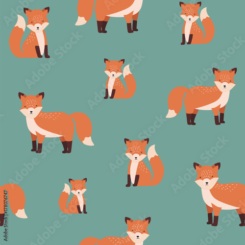 Gorgeous seamless pattern with sitting and standing red cute fox on green background. Backdrop with funny cartoon forest animal. Vector illustration for fabric print, wallpaper, wrapping paper.
