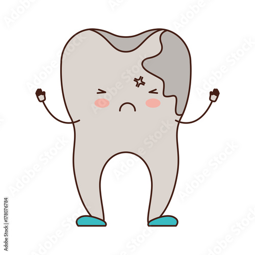 cartoon tooth with caries by side in colorful silhouette