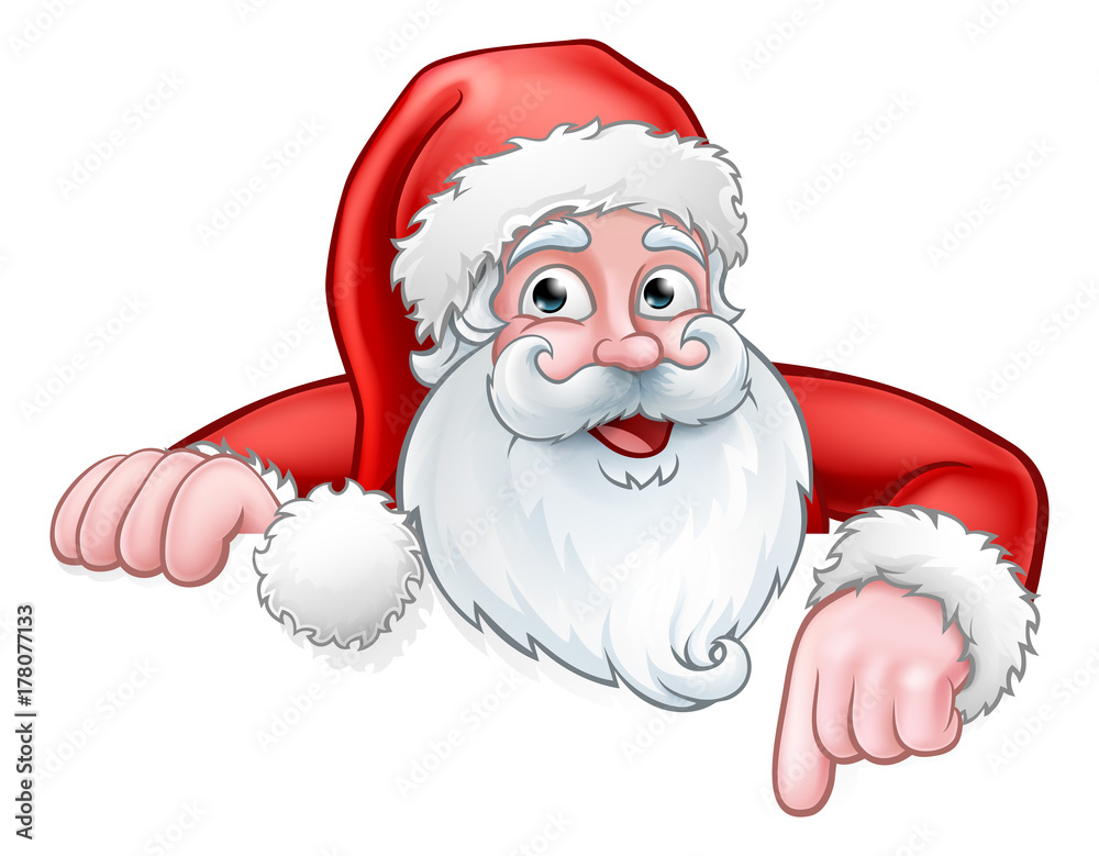 Santa Cartoon Pointing Down from Behind Sign Stock Vector | Adobe Stock