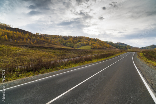 Federal highway M-52 Chuysky tract, asphalt road with markings among the autumn trees. © faustasyan