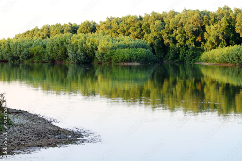 Riverbank of calm Danube river with green trees in spring at the evening. Ukraine Riverbank of calm Danube river with green trees in spring at the evening. Ukraine