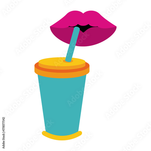 lips drinking soda in disposable cup with straw icon image vector illustration design 