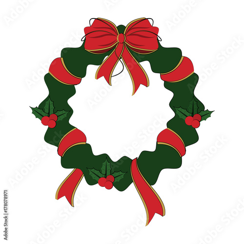wreath with red ribbon and bow christmas related icon image vector illustration design 