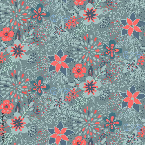 Seamless pattern with beautiful flowers and branches.