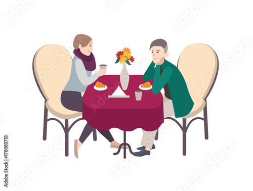 Male and female cartoon characters dressed in casual clothing sitting at tabl...