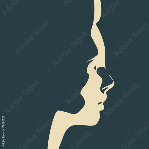 Face side view. Elegant silhouette of a female head. Monochrome gamma.