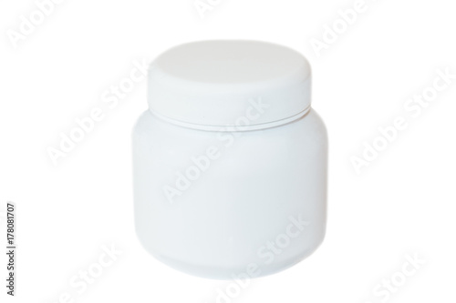 The white bottle or container for ointment, balm or tablets on a white background
