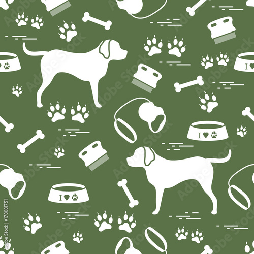 Cute seamless pattern with dog silhouette, bowl, traces, bone, brush, collar, leash.