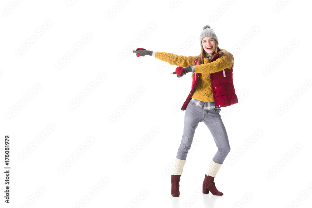 happy woman presenting presenting happy woman presenting presenting