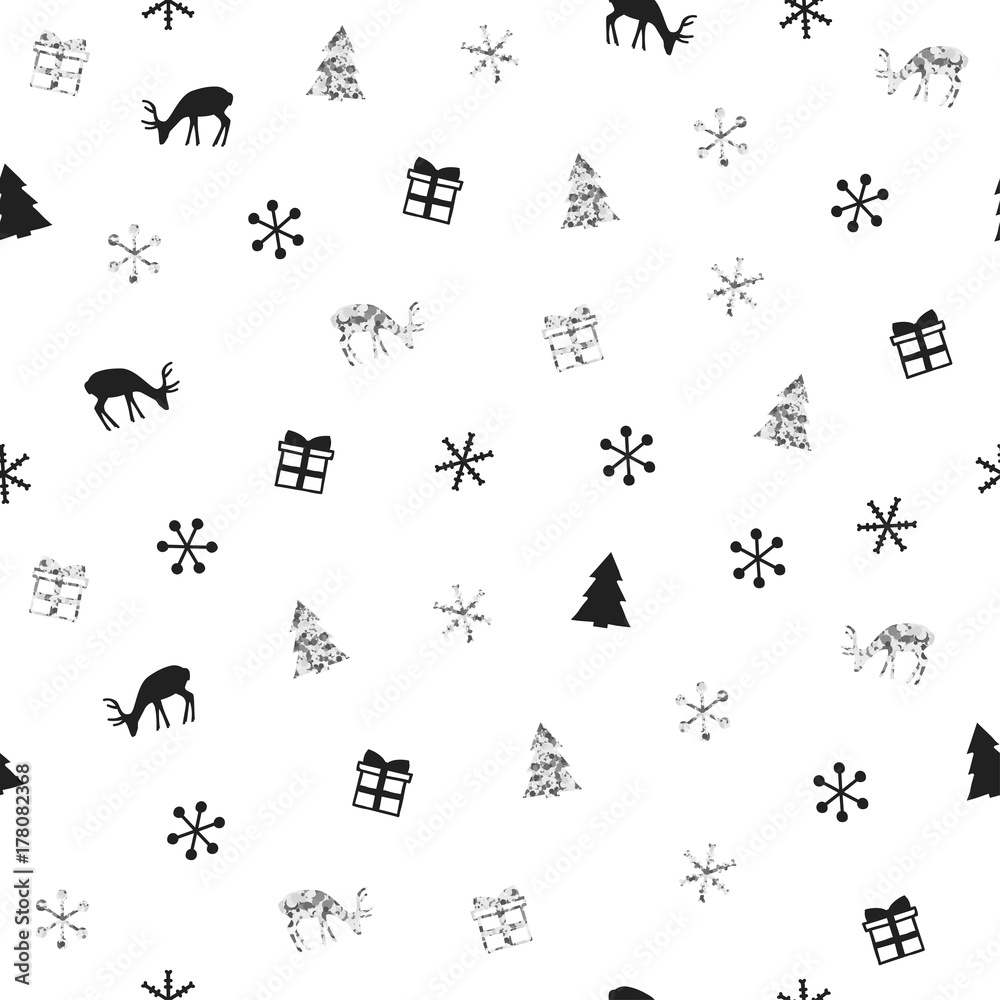 Fototapeta premium Christmas New Year seamless pattern with snowflakes christmas tree deer. Holiday background. Silver snowflakes. Xmas winter decoration. Silver texture. Hand drawn illustration. Wrapping gift paper.