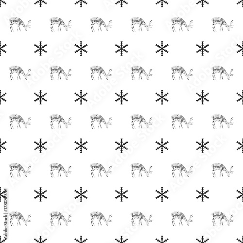 Christmas New Year seamless pattern with deer snowflakes. Holiday black background. Silver white deer. Xmas winter doodle decoration. Silver texture. Hand drawn vector illustration. Wrapping gift