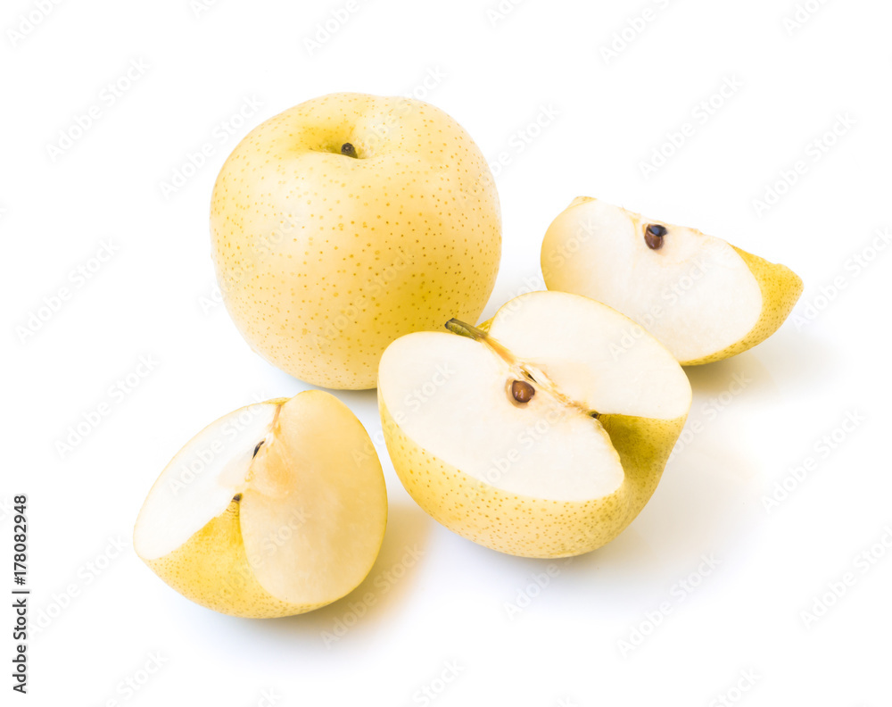 Chinese pear fresh fruit with slices on white background, selective focus Chinese pear fresh fruit with slices on white background, selective focus