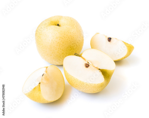 Chinese pear fresh fruit with slices on white background, selective focus