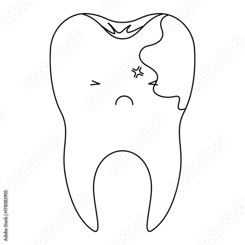 kawaii tooth with root and caries by side in monochrome silhouette