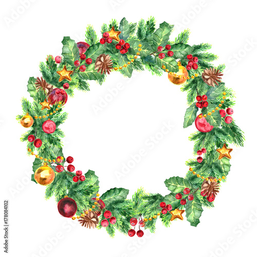 Traditional christmas wreath isolated on white background. Festive decoration.