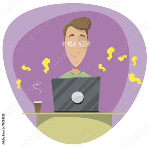 Young cartoon man using laptop