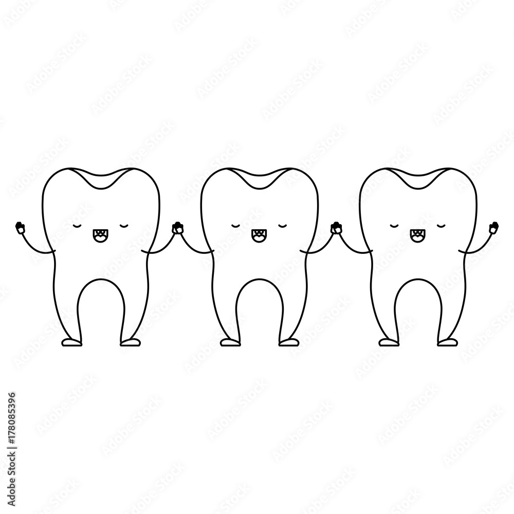 teeth cartoon holding hands in monochrome silhouette teeth cartoon holding hands in monochrome silhouette